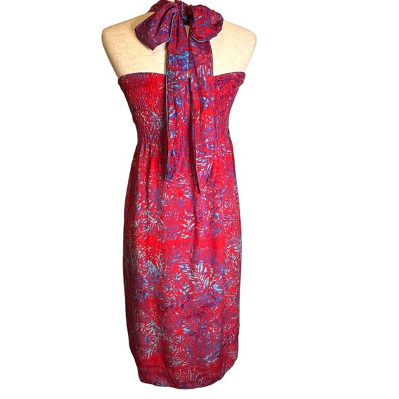 Hula Hula Red Blue Strapless Halter Dress Tie Neck O/S Made in‎ Hawaii Tropical - Picture 5 of 11
